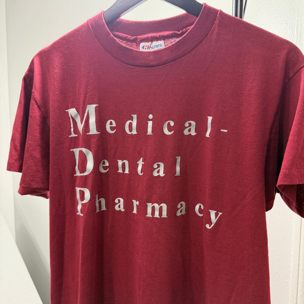 Vintage Medical Dental Pharmacy Shirt Men's Large Red 80s Single Stitch Thin
